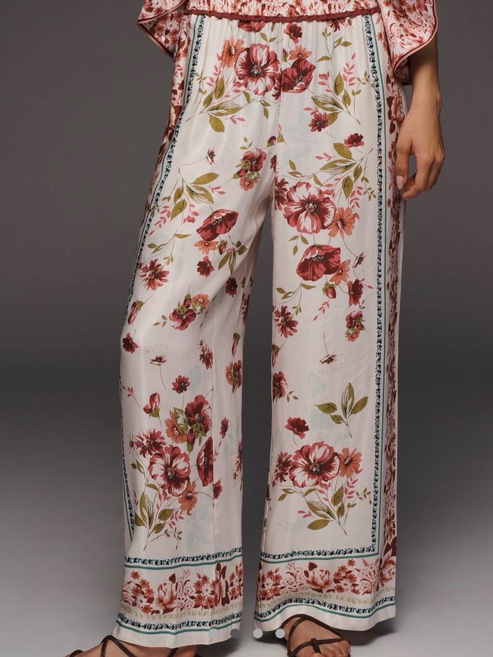 Anthropologie Cream Wide-Leg Floral Pants with Rust & Olive Accents